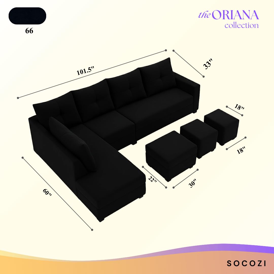 Oriana 8 Seater LHS L Shape Sofa Set | Velvet Suede Fabric L Shape Sofa for Livingroom with 2 Ottoman & Centre Table | (Black) - Image 3