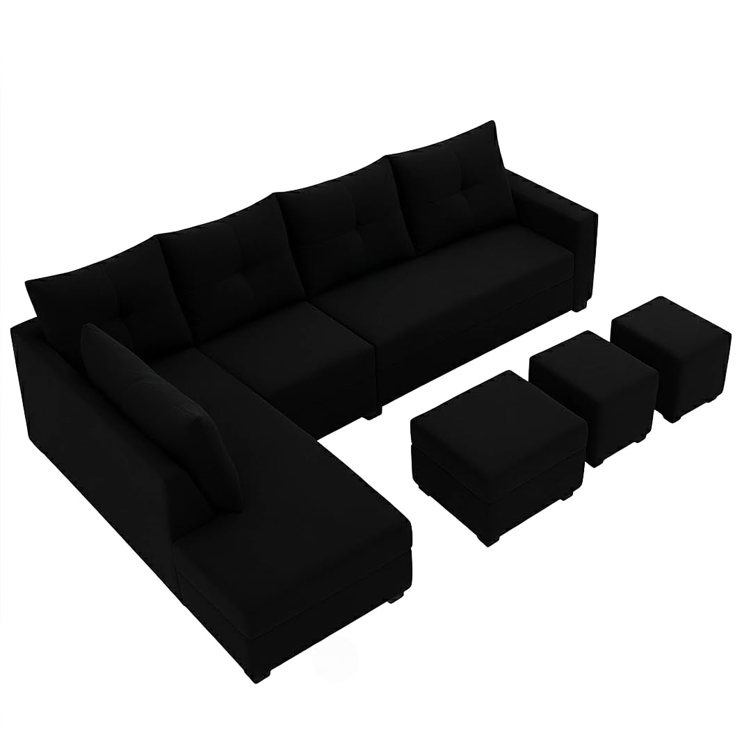 Oriana 8 Seater LHS L Shape Sofa Set | Velvet Suede Fabric L Shape Sofa for Livingroom with 2 Ottoman & Centre Table | (Black) - Image 5