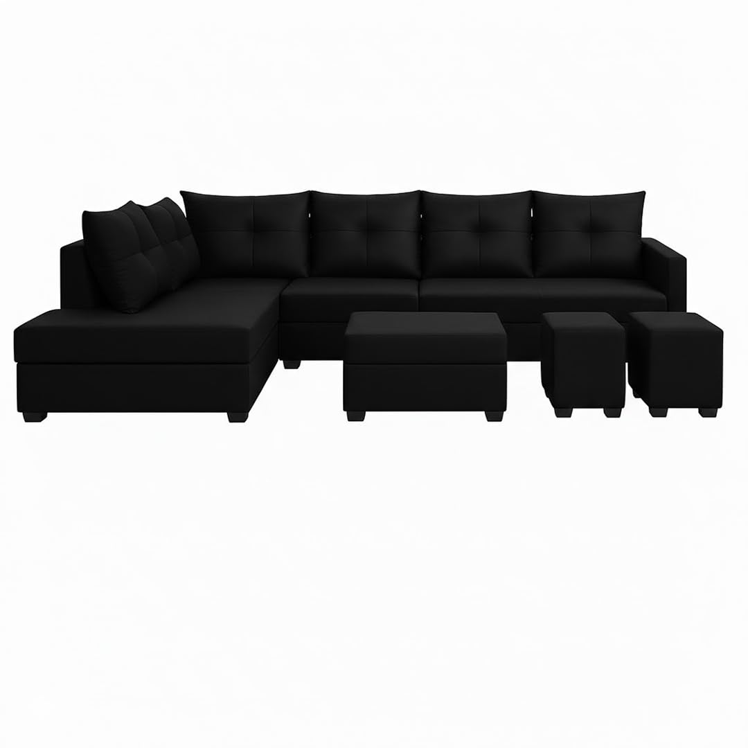 Oriana 8 Seater LHS L Shape Sofa Set | Velvet Suede Fabric L Shape Sofa for Livingroom with 2 Ottoman & Centre Table | (Black) - Image 6