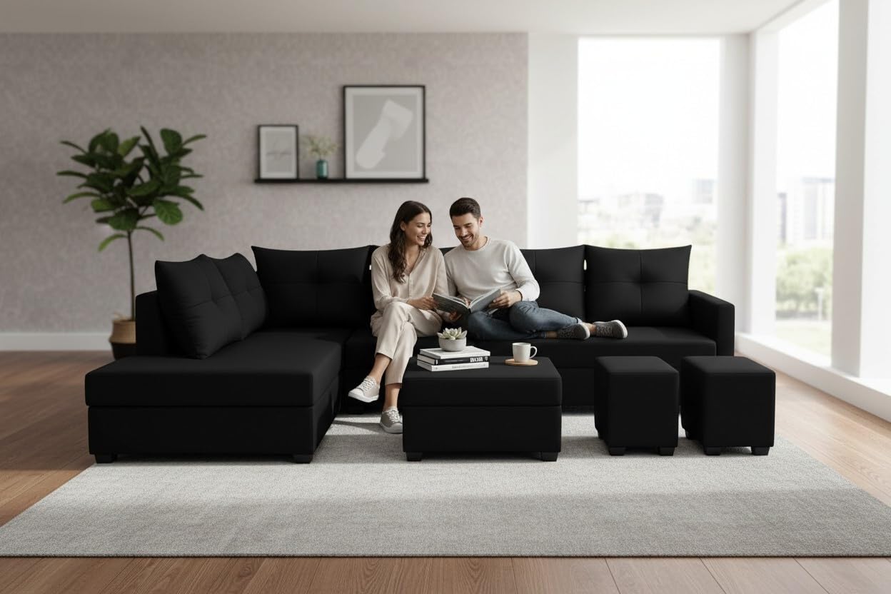 Oriana 8 Seater LHS L Shape Sofa Set | Velvet Suede Fabric L Shape Sofa for Livingroom with 2 Ottoman & Centre Table | (Black) - Image 7