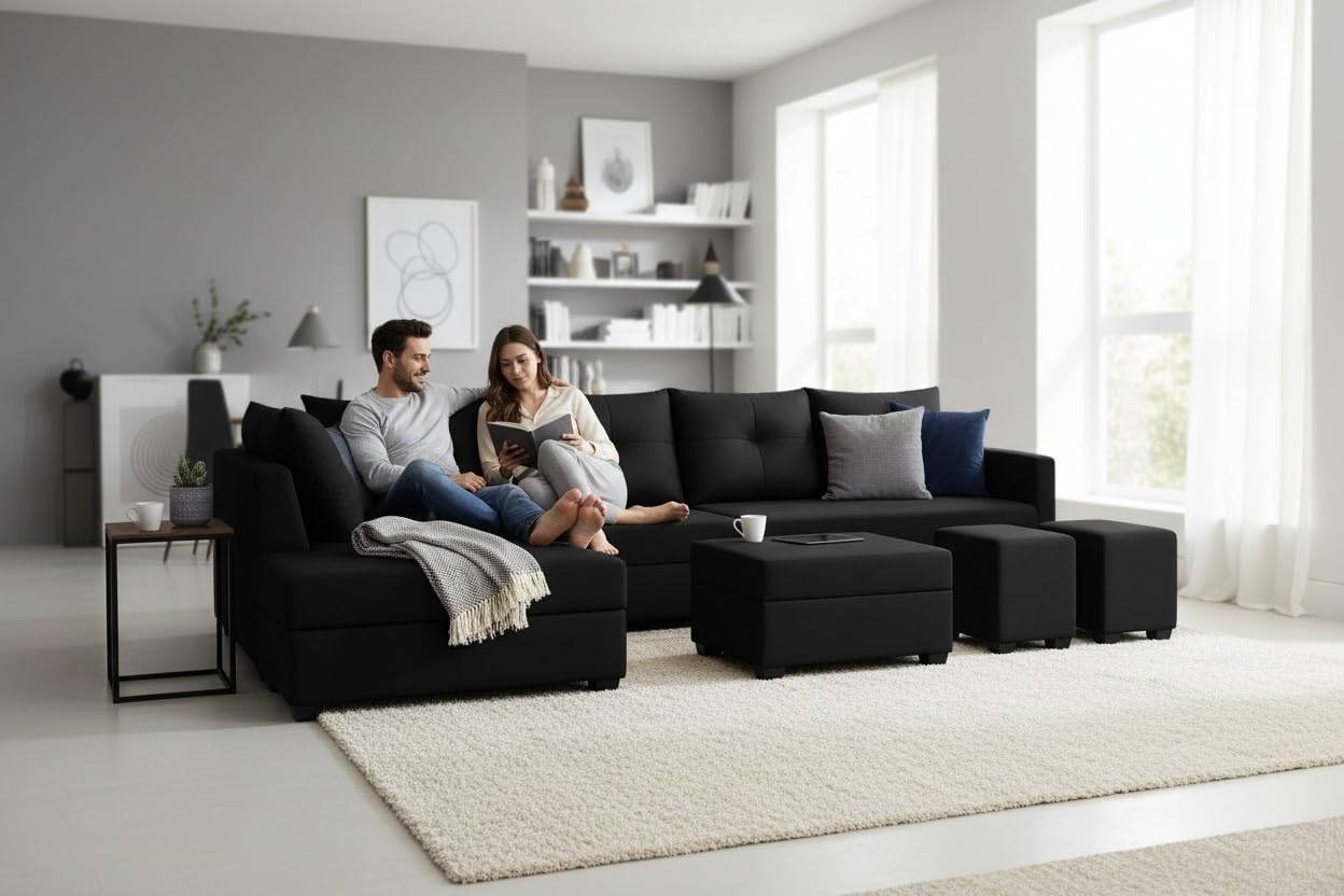 Oriana 8 Seater LHS L Shape Sofa Set | Velvet Suede Fabric L Shape Sofa for Livingroom with 2 Ottoman & Centre Table | (Black) - Image 8