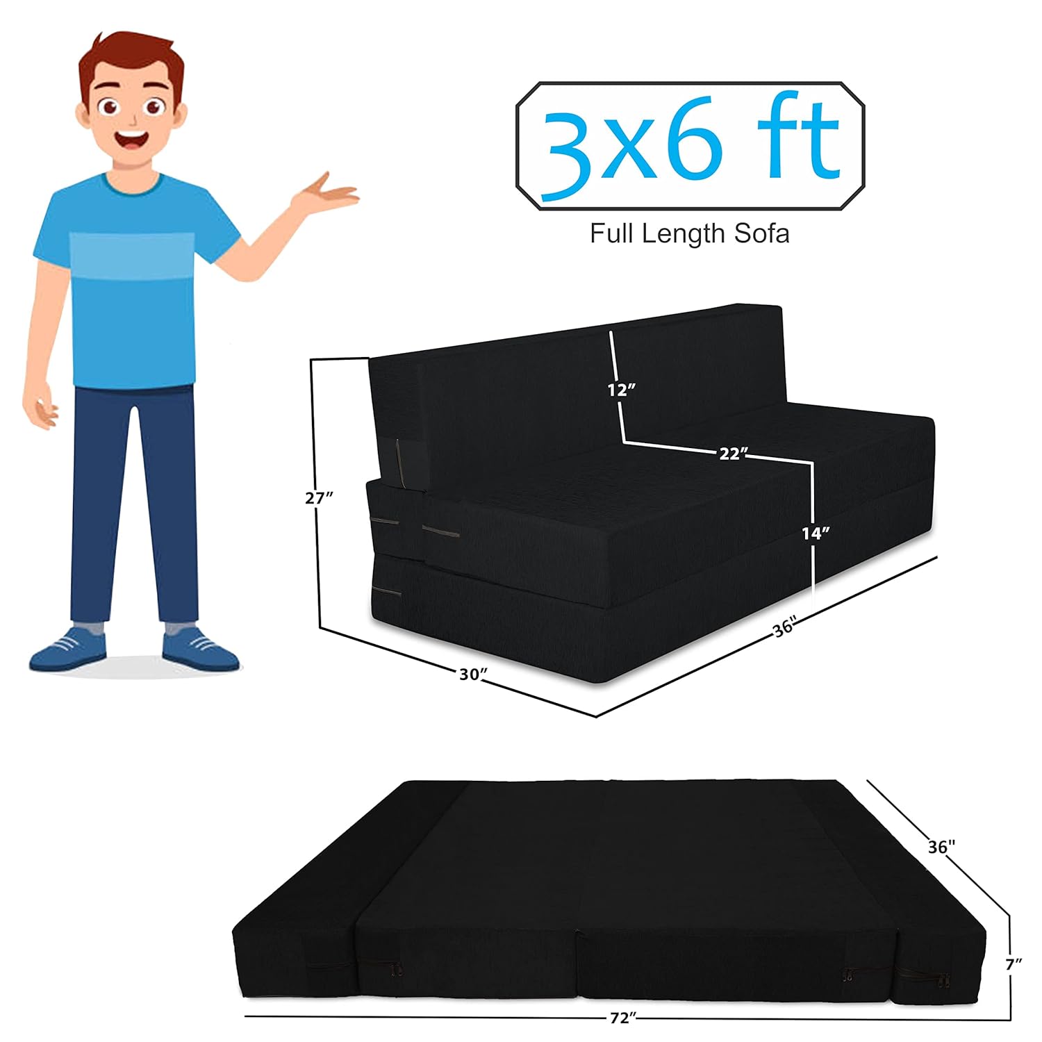 Adorn India Easy 2 Seater Sofa Cum Bed (Rhombus Pattern) Chennile Fabric - Washable Cover - Including 2 Cushion - Size 3' x 6' Ft (Black Color) Perfect for Home & Office for Guests - Image 3