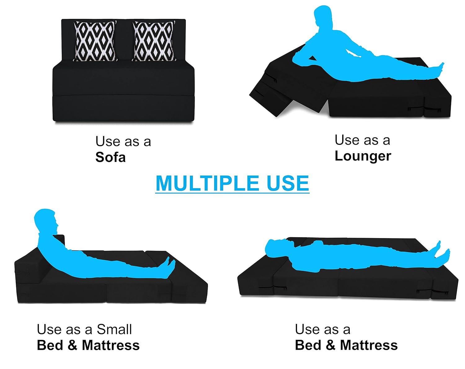 Adorn India Easy 2 Seater Sofa Cum Bed (Rhombus Pattern) Chennile Fabric - Washable Cover - Including 2 Cushion - Size 3' x 6' Ft (Black Color) Perfect for Home & Office for Guests - Image 4