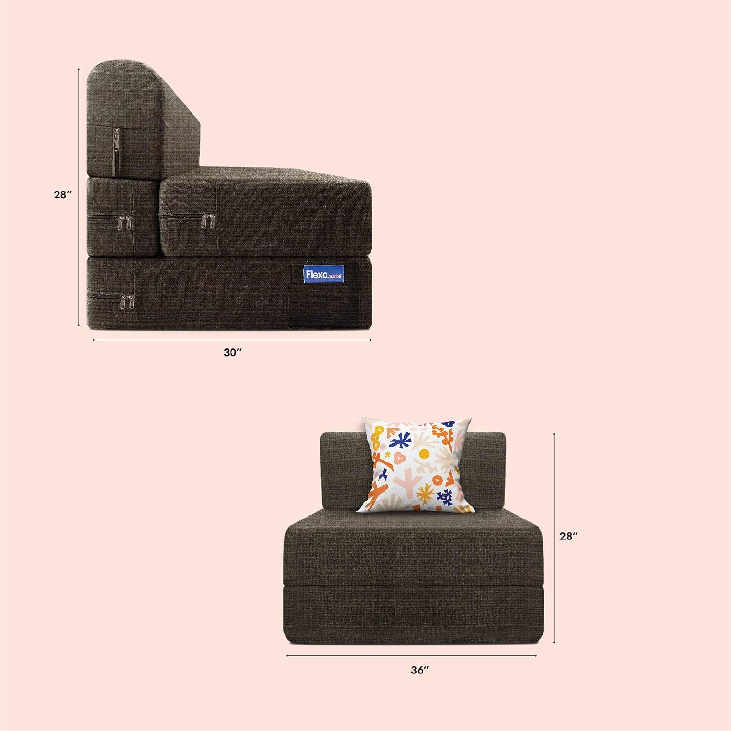 Starlon 1 Seater Sofa Cum Bed | Foldable Sofacum Bed | Jute Fabric Washable Cover Sofa | 3' X 6' Feet | Grey with Floral Pillow - Image 3