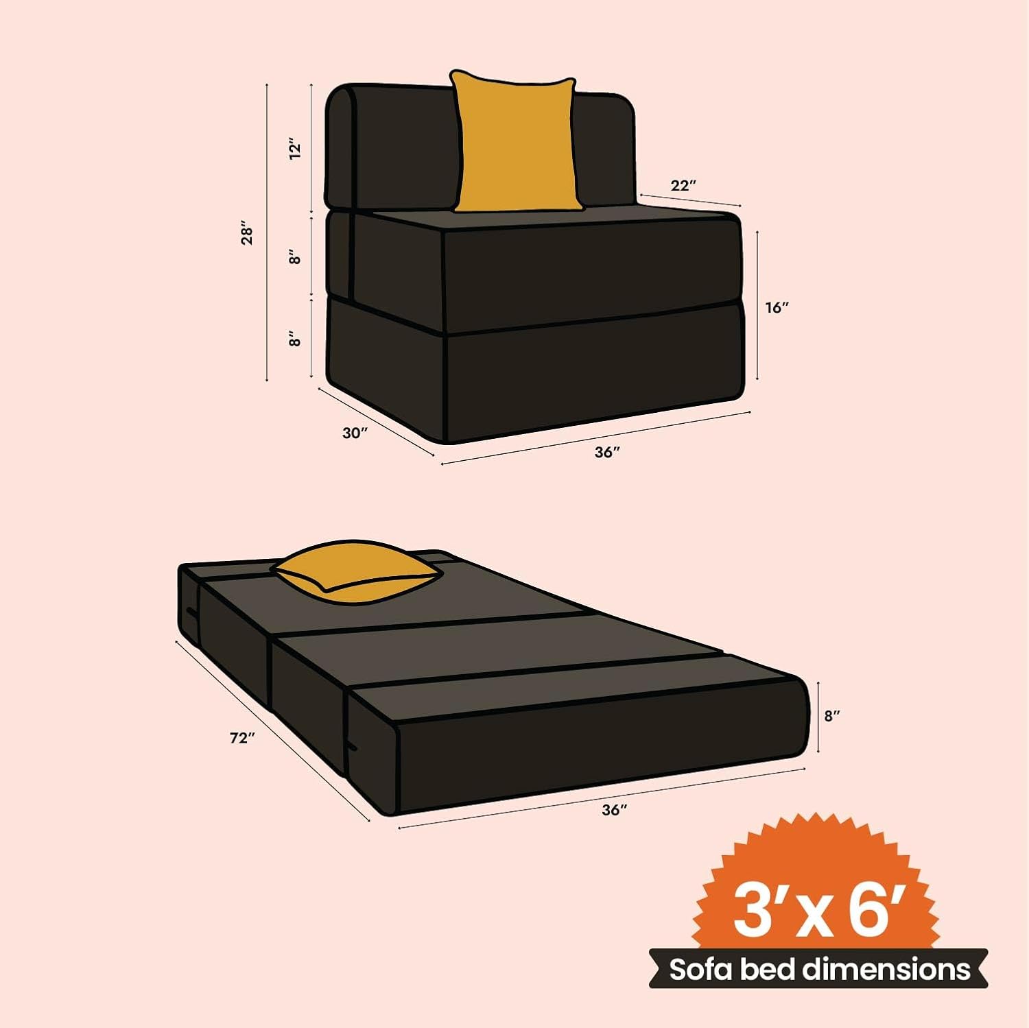 Starlon 1 Seater Sofa Cum Bed | Foldable Sofacum Bed | Jute Fabric Washable Cover Sofa | 3' X 6' Feet | Grey with Floral Pillow - Image 4