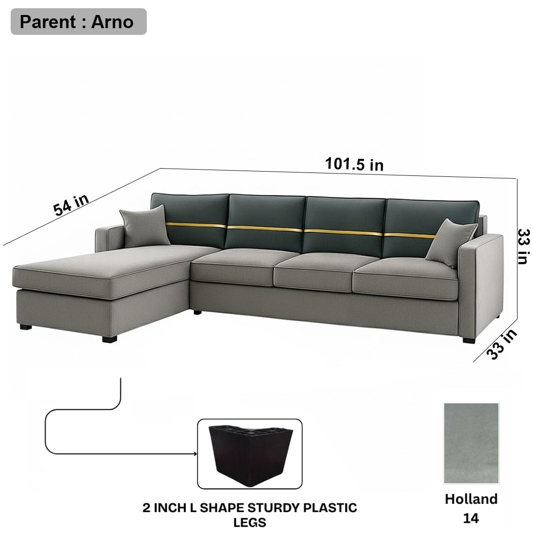 FURNY Arnoy 5 Seater Fabric LHS L Shape Sofa Set (Light Grey-Dark Grey) with Velvet Finish | Durable & Comfortable | Ideal for Living Room - Image 3