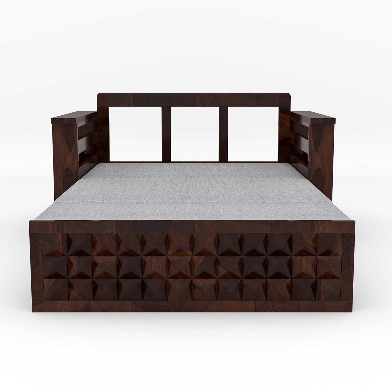 Sheesham Wooden Sofa Cum Bed for Living Room with Side Pocket Storage - 2 Seater Sofa Cum Bed with Storage - 2 Person Sofa Cum Bed Wooden Furniture with Premium Cushion Seating (Design 5) - Image 3