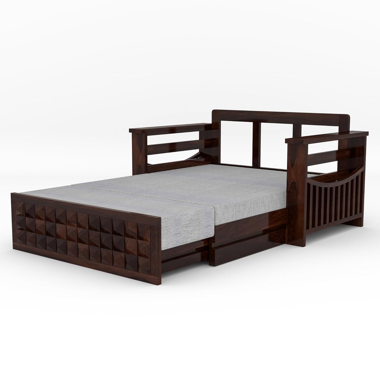 Sheesham Wooden Sofa Cum Bed for Living Room with Side Pocket Storage - 2 Seater Sofa Cum Bed with Storage - 2 Person Sofa Cum Bed Wooden Furniture with Premium Cushion Seating (Design 5) - Image 4