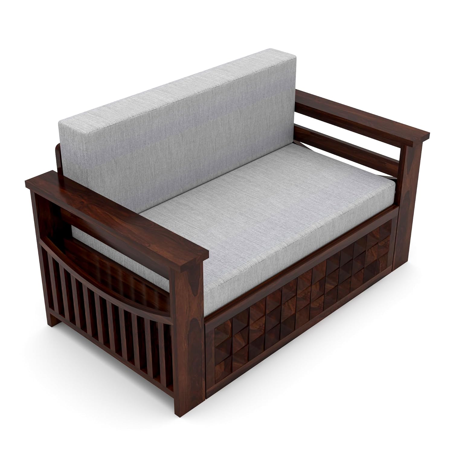 Sheesham Wooden Sofa Cum Bed for Living Room with Side Pocket Storage - 2 Seater Sofa Cum Bed with Storage - 2 Person Sofa Cum Bed Wooden Furniture with Premium Cushion Seating (Design 5) - Image 8