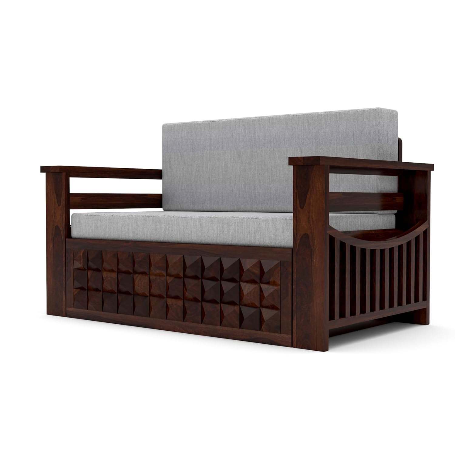 Sheesham Wooden Sofa Cum Bed for Living Room with Side Pocket Storage - 2 Seater Sofa Cum Bed with Storage - 2 Person Sofa Cum Bed Wooden Furniture with Premium Cushion Seating (Design 5) - Image 9