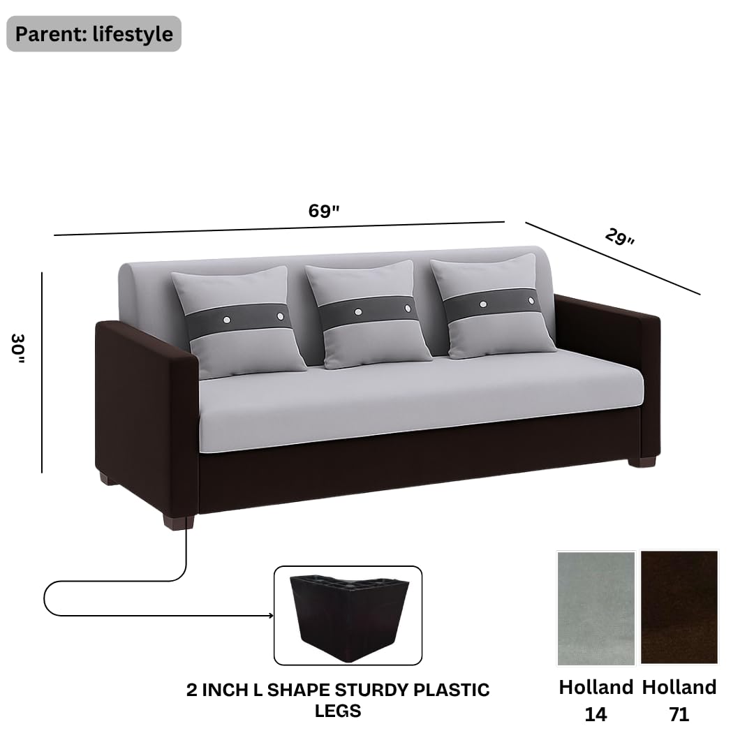 FURNY Lifestyle 3 Seater Fabric Sofa Set (Light Grey-Black) Velvet Finish | Durable Comfort | Ideal for Living Room - Image 3