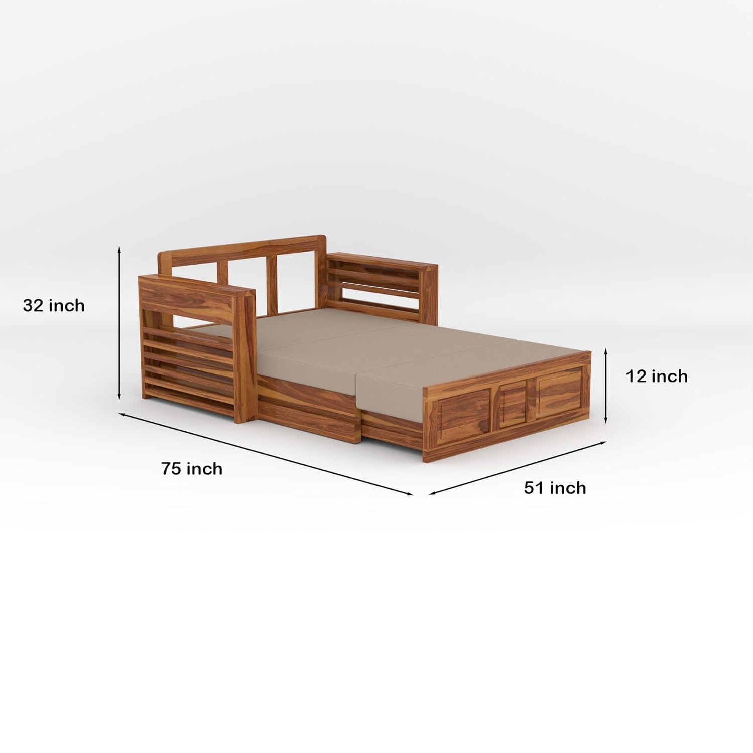 Sheesham Wooden Sofa Cum Bed for Living Room with Side Pocket Storage - 2 Person Sofa Cum Bed Wooden Furniture for Home with Cushion Seating (Design 11) - Image 3