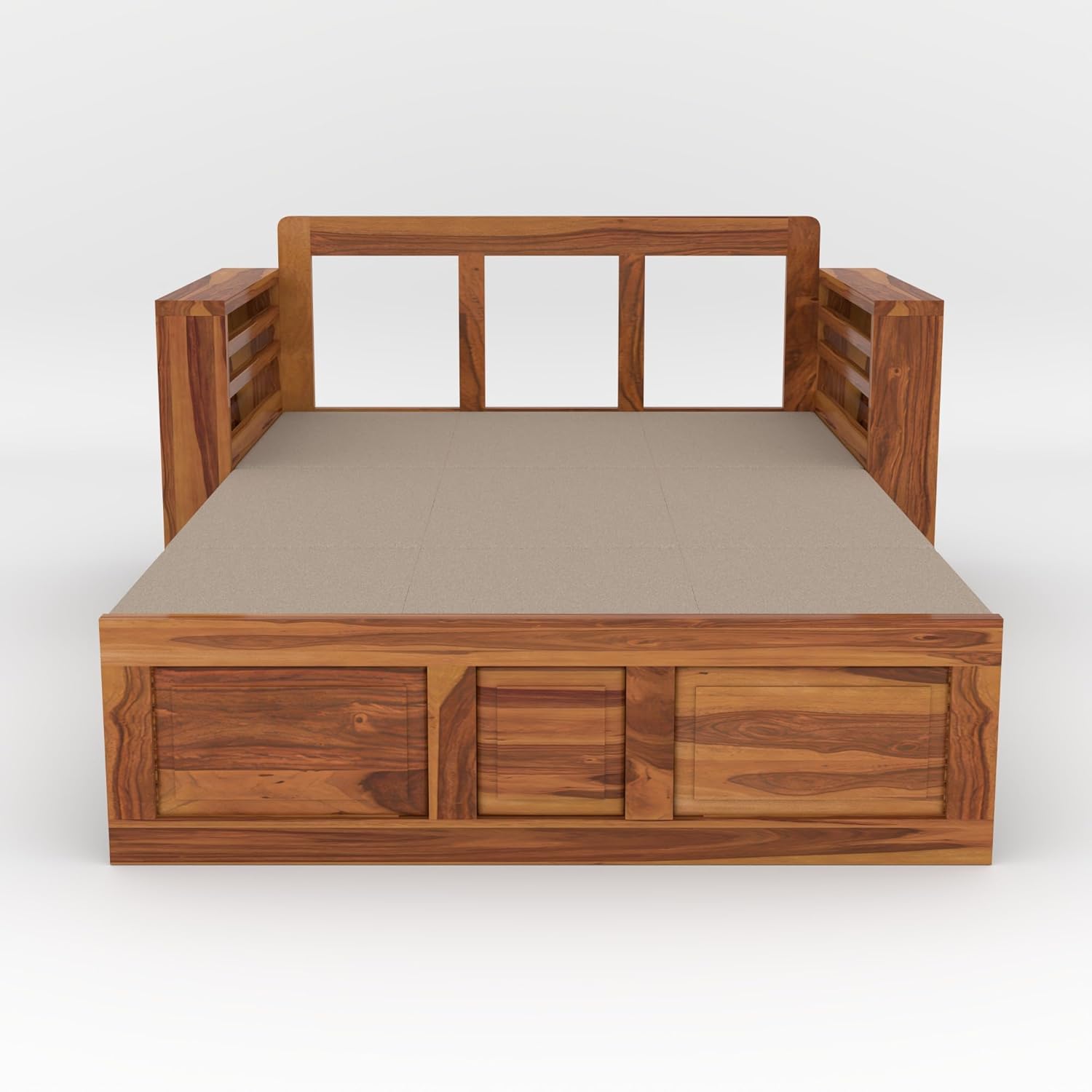 Sheesham Wooden Sofa Cum Bed for Living Room with Side Pocket Storage - 2 Person Sofa Cum Bed Wooden Furniture for Home with Cushion Seating (Design 11) - Image 4