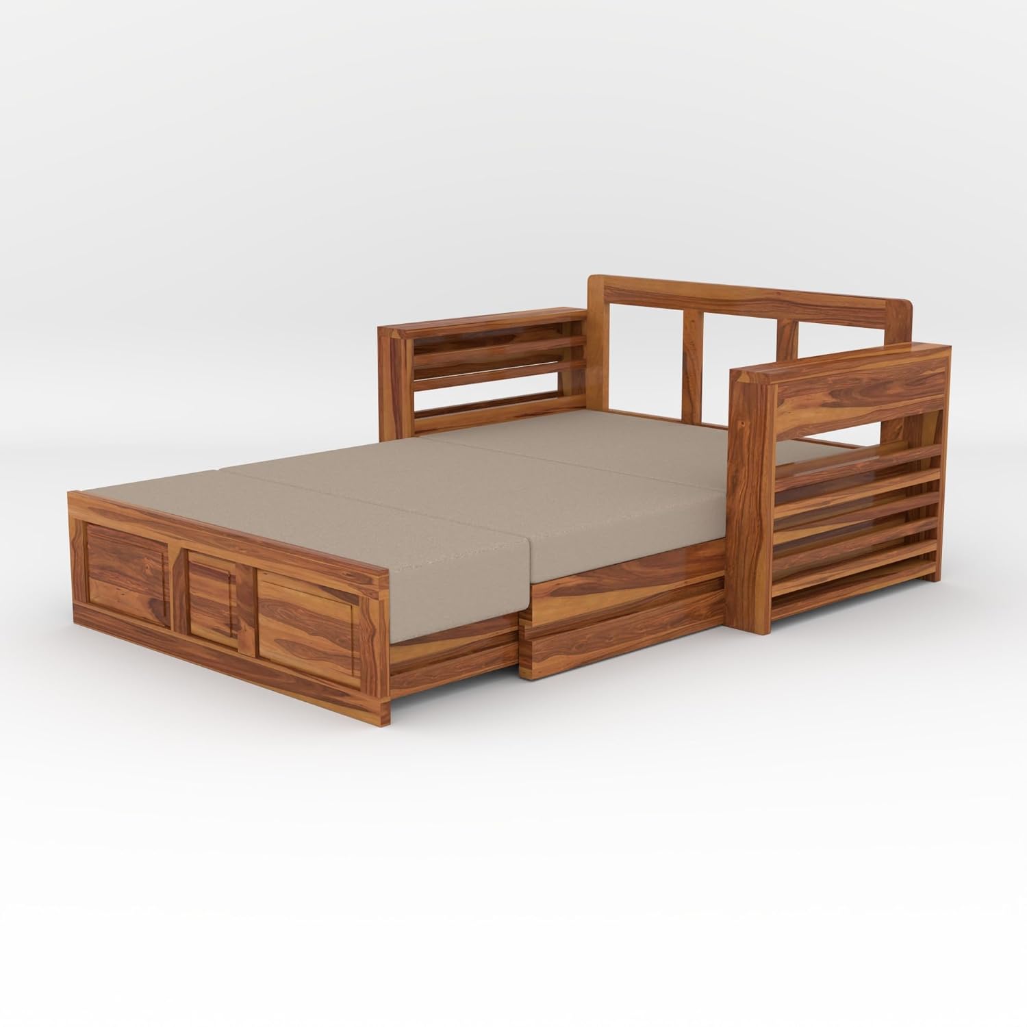 Sheesham Wooden Sofa Cum Bed for Living Room with Side Pocket Storage - 2 Person Sofa Cum Bed Wooden Furniture for Home with Cushion Seating (Design 11) - Image 5