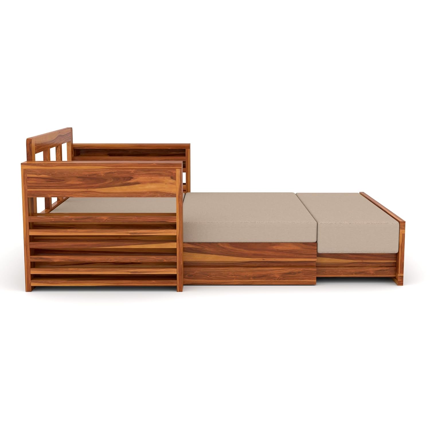 Sheesham Wooden Sofa Cum Bed for Living Room with Side Pocket Storage - 2 Person Sofa Cum Bed Wooden Furniture for Home with Cushion Seating (Design 11) - Image 6