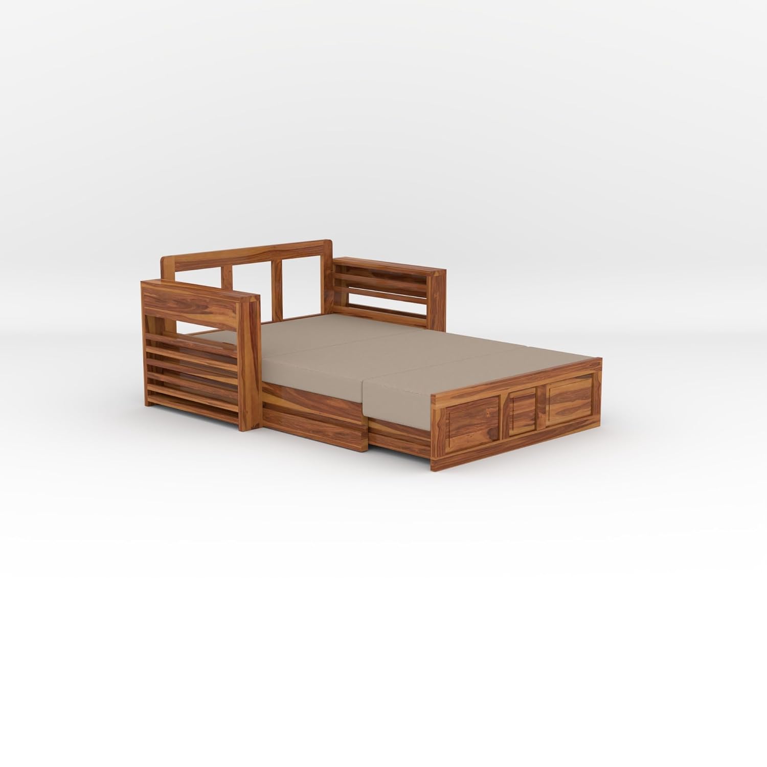 Sheesham Wooden Sofa Cum Bed for Living Room with Side Pocket Storage - 2 Person Sofa Cum Bed Wooden Furniture for Home with Cushion Seating (Design 11) - Image 7