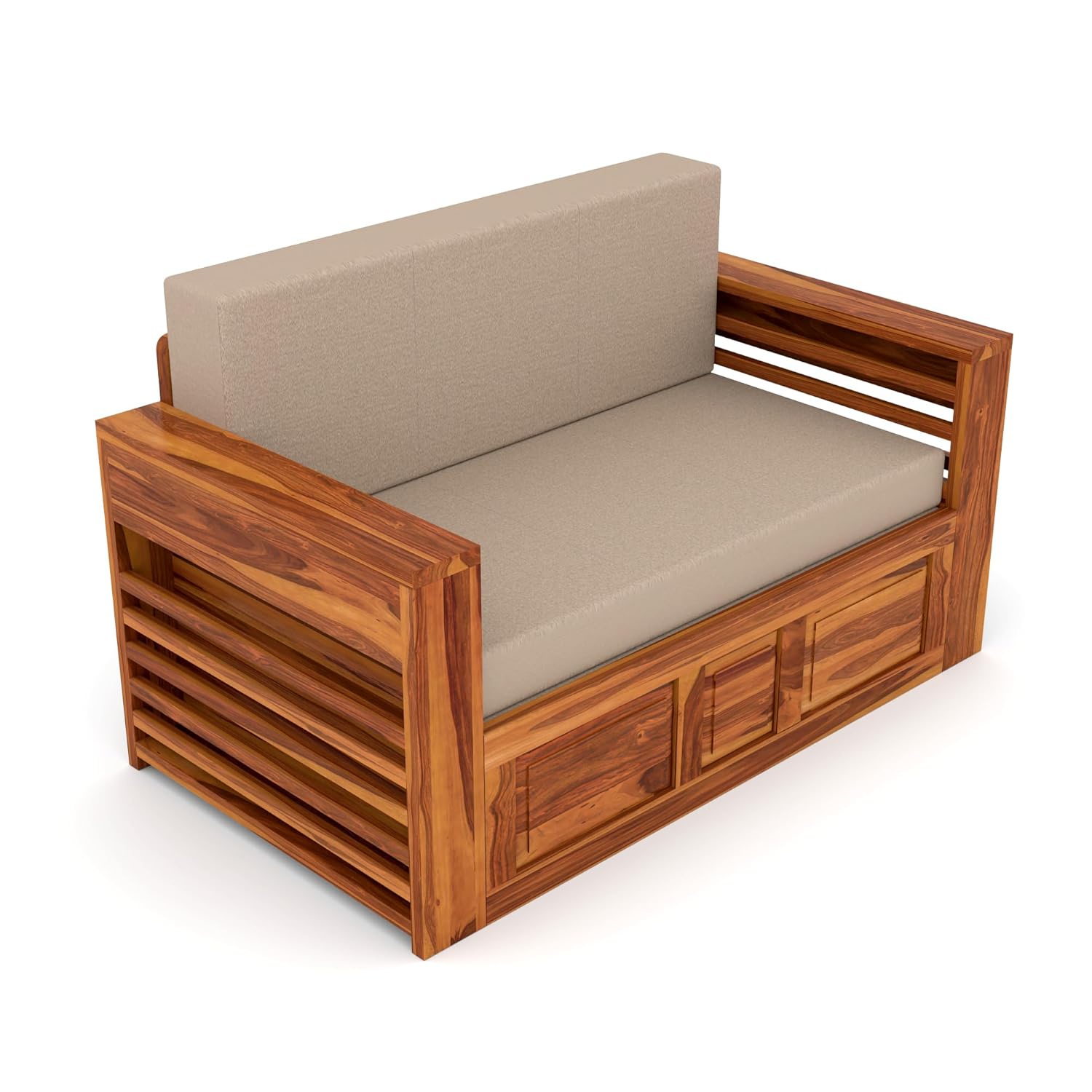Sheesham Wooden Sofa Cum Bed for Living Room with Side Pocket Storage - 2 Person Sofa Cum Bed Wooden Furniture for Home with Cushion Seating (Design 11) - Image 9