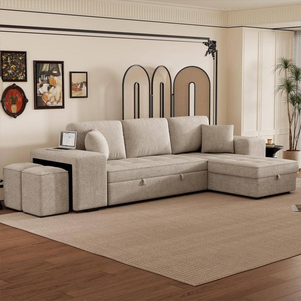 Torque Juana Cream 6 Seater L Shape Sofa Cum Bed with Storage 2 Puffy| Comfortable 6 Seater Sofa with Chaise Storage| Fabric Sofa Set for Living Room Furniture - Image 4