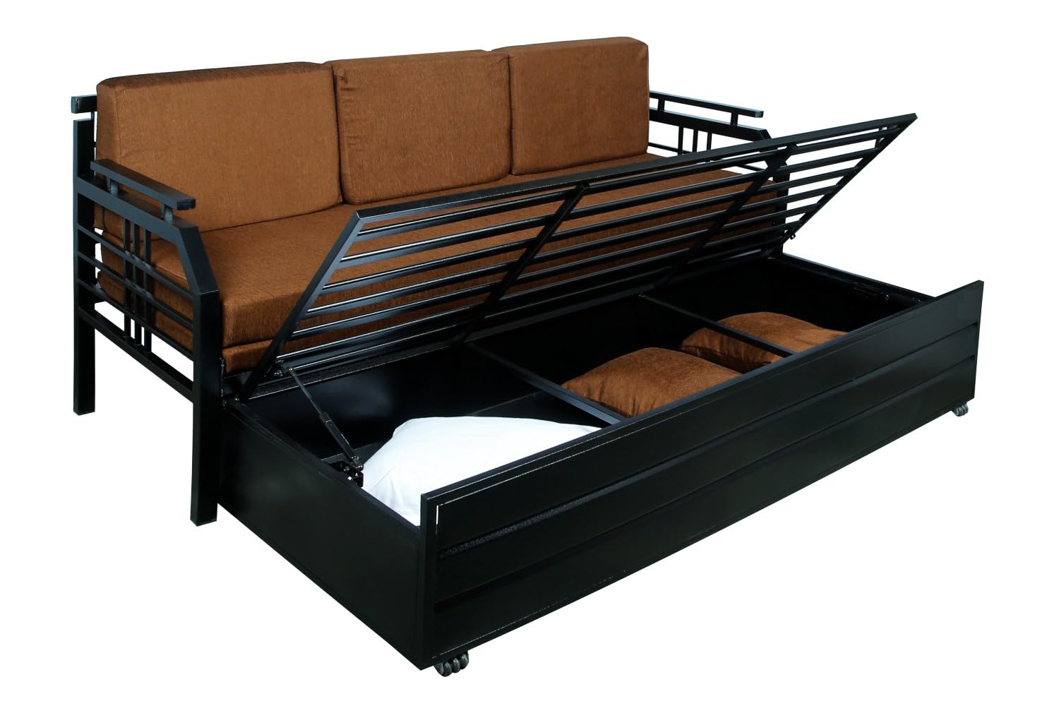 3 Seater Metal Sofa Cum Bed with Hydraulic Storage for Living Room (Black); Size: Queen - 5 x 6 - APICQ902 - Image 9