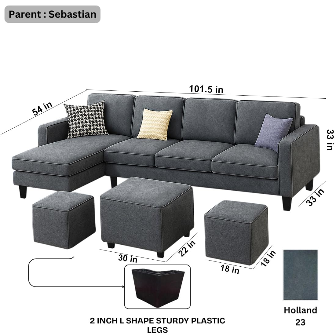 FURNY Arlo 8 Seater Fabric LHS L Shape Sofa Set with 1 Centre Table & 2 Puffy (Dark Grey) | Premium Velvet Finish | Durable Comfort | Ideal for Living Room - Image 3