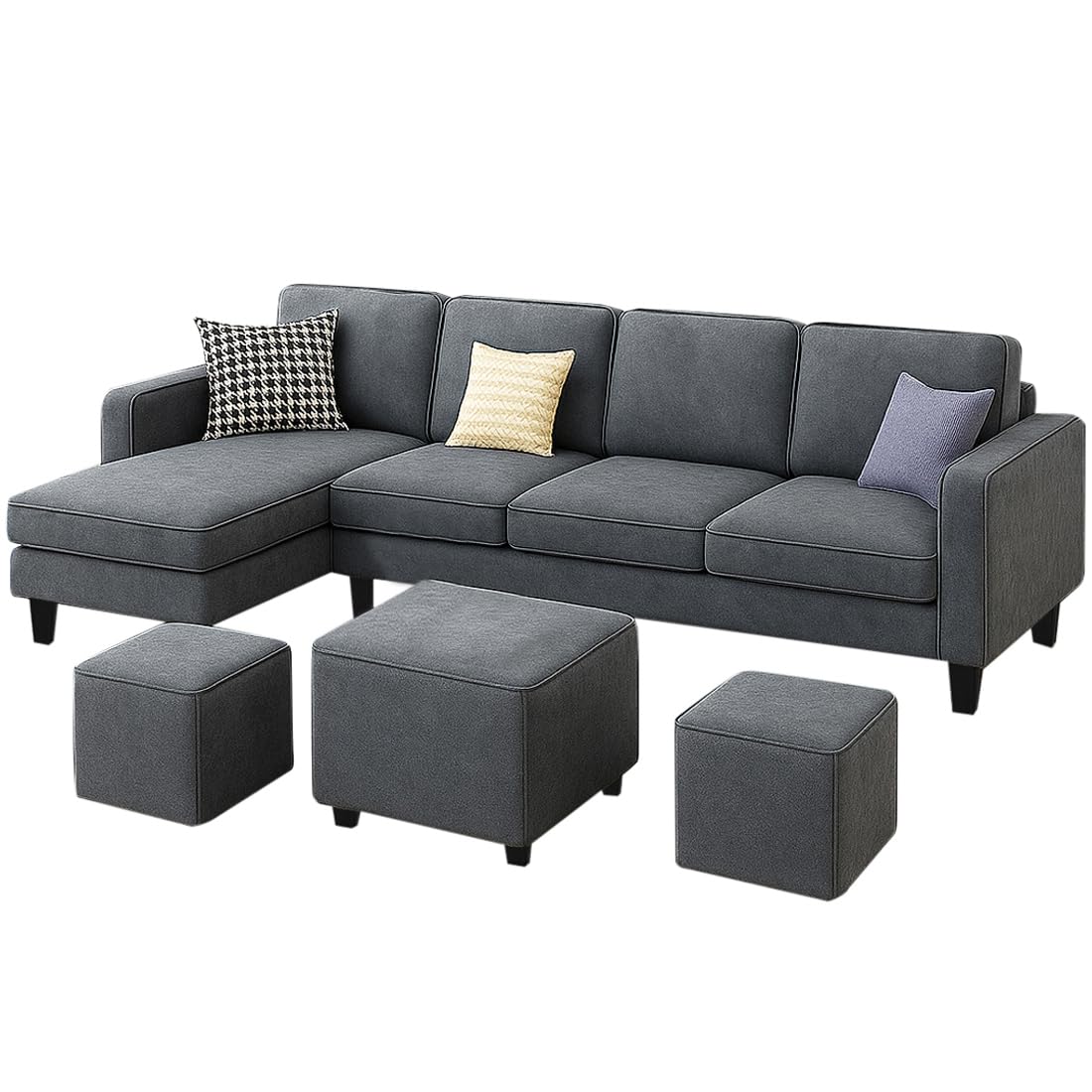 FURNY Arlo 8 Seater Fabric LHS L Shape Sofa Set with 1 Centre Table & 2 Puffy (Dark Grey) | Premium Velvet Finish | Durable Comfort | Ideal for Living Room - Image 4