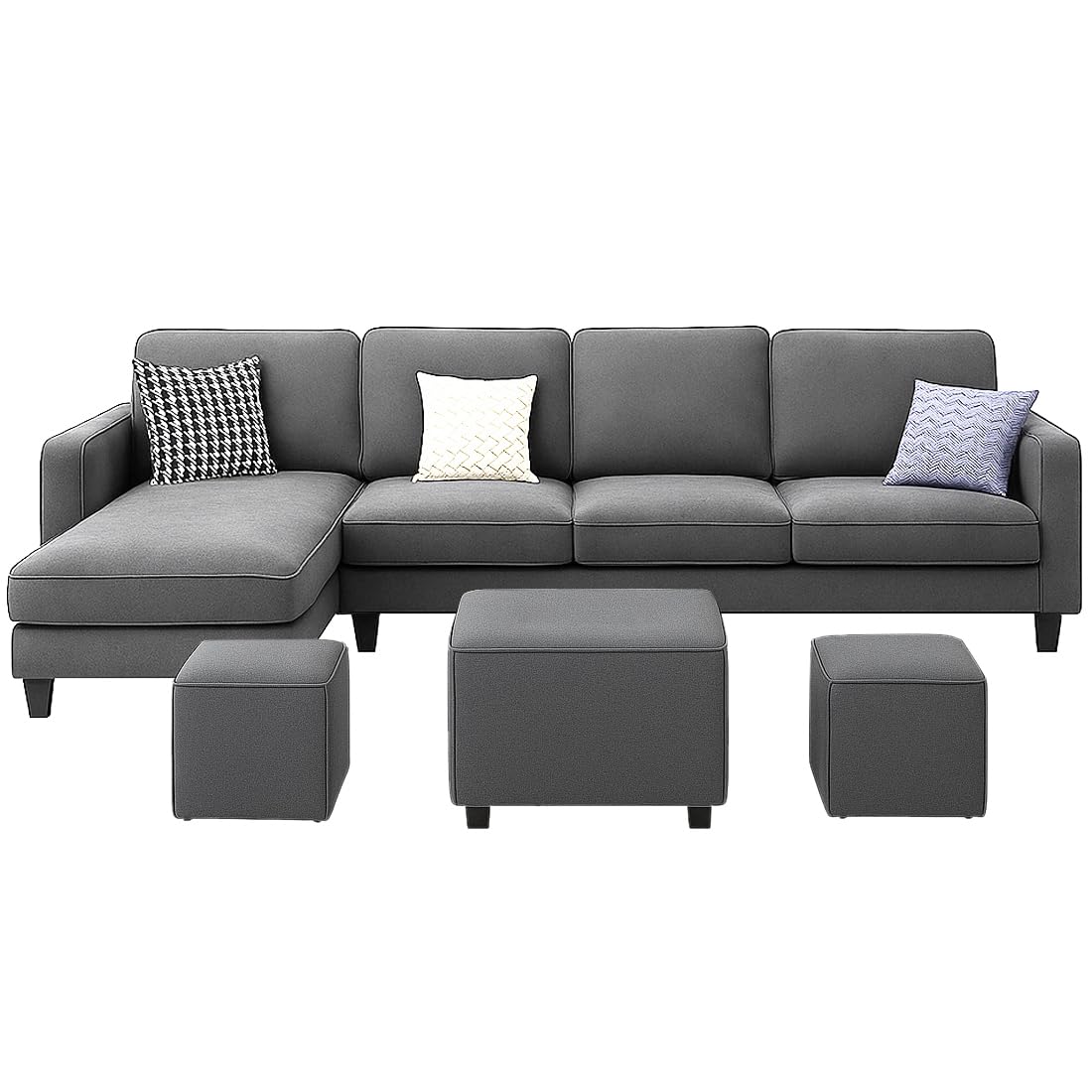 FURNY Arlo 8 Seater Fabric LHS L Shape Sofa Set with 1 Centre Table & 2 Puffy (Dark Grey) | Premium Velvet Finish | Durable Comfort | Ideal for Living Room - Image 5