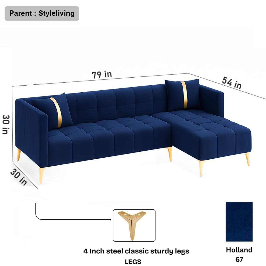 FURNY Styliving 4 Seater Fabric RHS L Shape Sofa Set (Blue) with Golden Finish Legs | Durable & Comfortable | Ideal for Living Room - Image 3