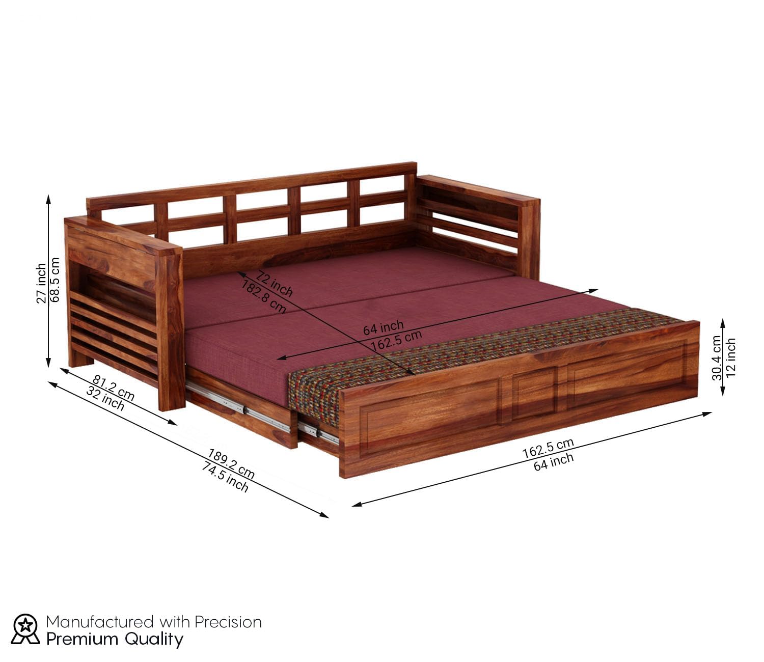 Sheesham Wood Foster 3 Seater Sofa Cum Bed for Living Room Three Seater Sofa Bed for Home Sofa Com Bed Sheesham Wood | 1 Year Warranty (Honey Berry Diamonds) - 3 Seater, Beige - Image 3