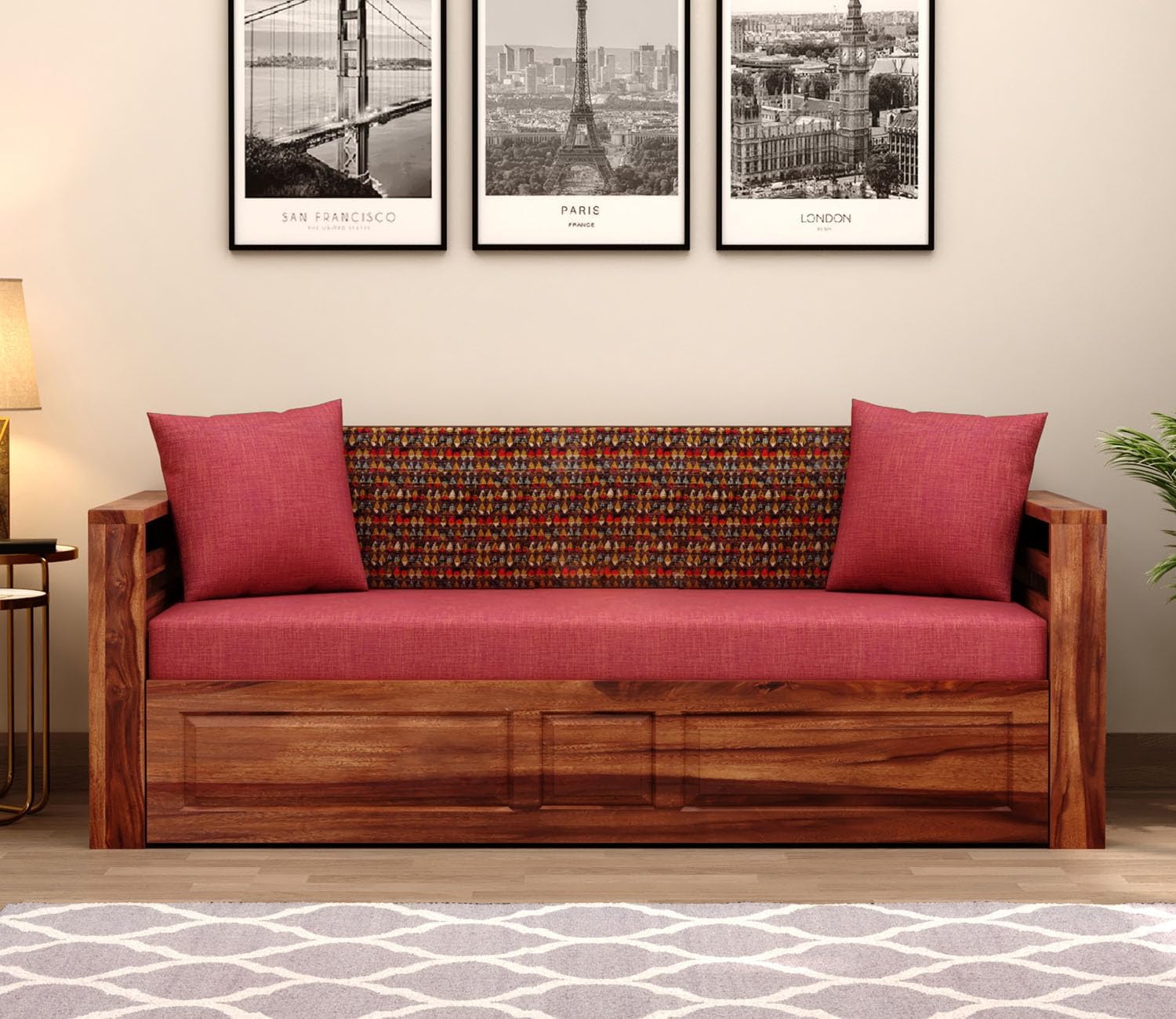 Sheesham Wood Foster 3 Seater Sofa Cum Bed for Living Room Three Seater Sofa Bed for Home Sofa Com Bed Sheesham Wood | 1 Year Warranty (Honey Berry Diamonds) - 3 Seater, Beige - Image 4