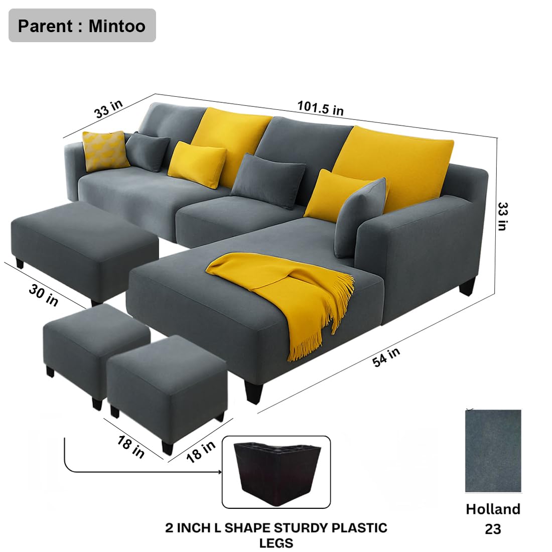 FURNY Mintora 8 Seater Fabric RHS L Shape Sofa Set with 1 Centre Table & 2 Puffys (Dark Grey) with Extra Cushions | Premium Velvet Finish | Ideal for Living Room - Image 3