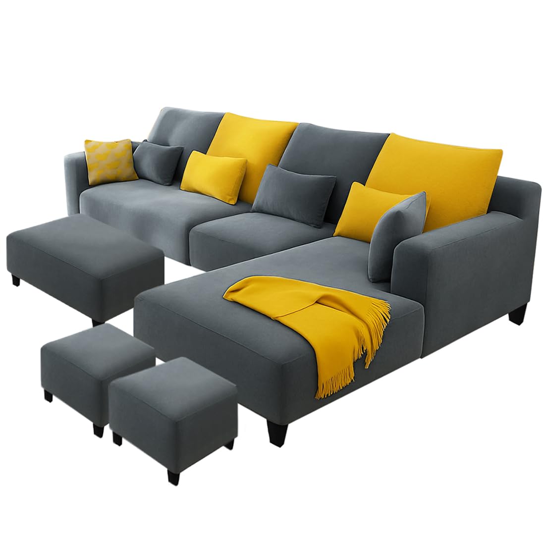 FURNY Mintora 8 Seater Fabric RHS L Shape Sofa Set with 1 Centre Table & 2 Puffys (Dark Grey) with Extra Cushions | Premium Velvet Finish | Ideal for Living Room - Image 4