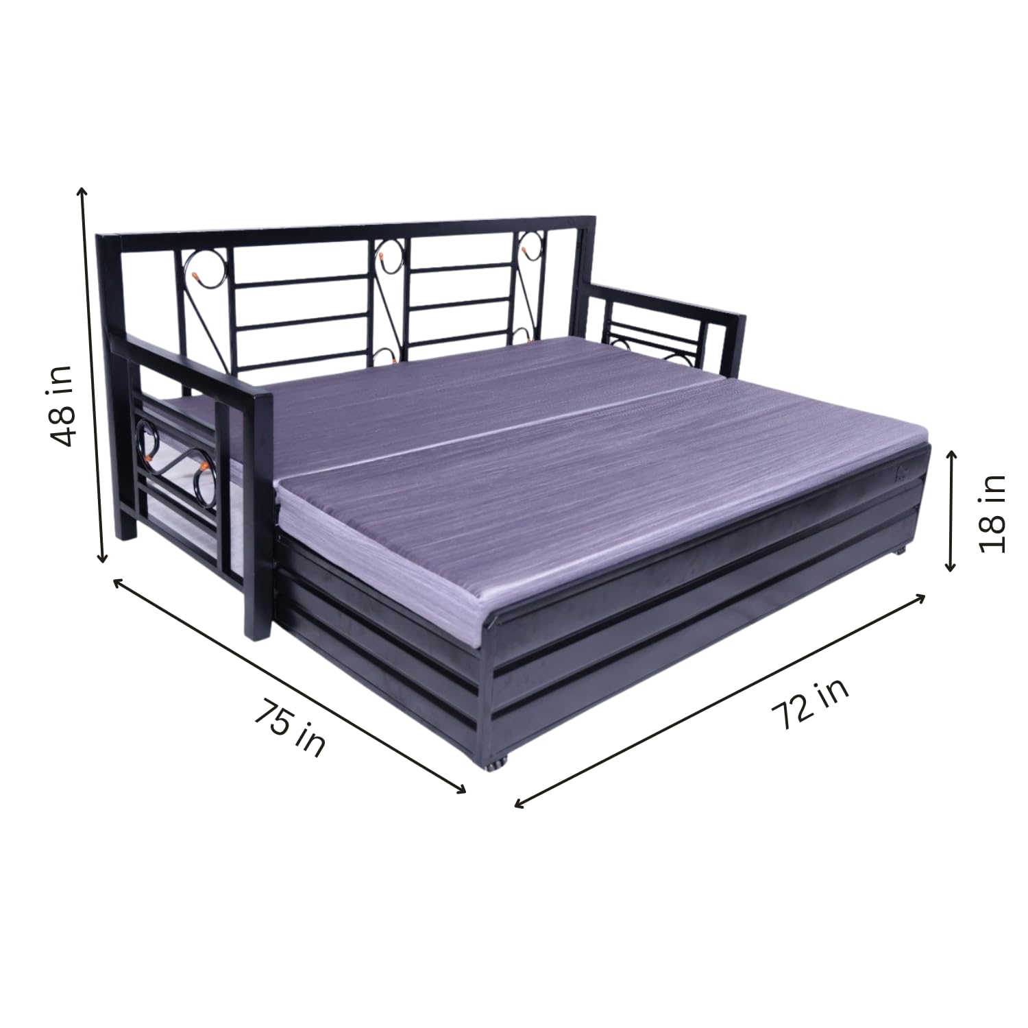 King Size Metal Sofa Cum Bed | Convertible 3-Seater with Foldable Design & Cushion Mattress | Matte Black Frame, Grey Fabric | Durable & Space-Saving (75x72 Inch) - Image 3
