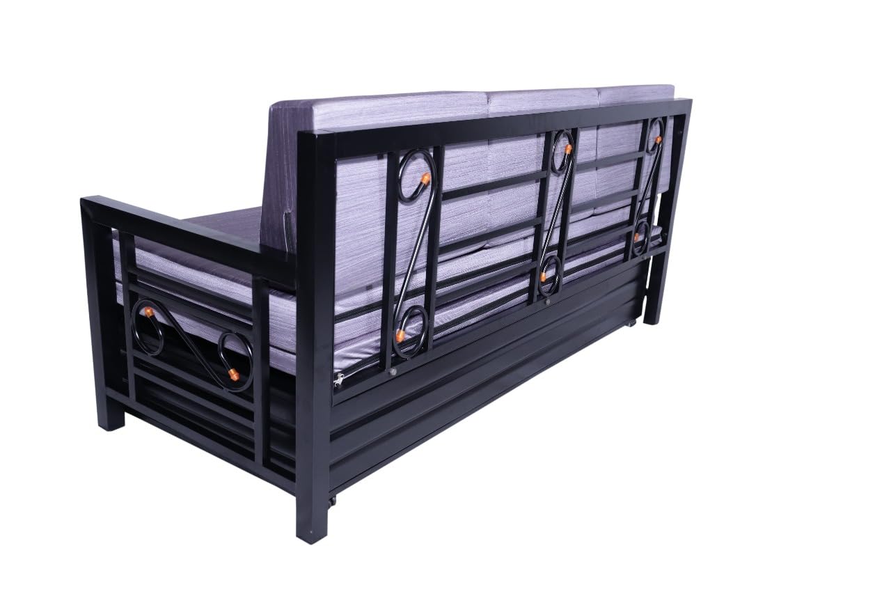 King Size Metal Sofa Cum Bed | Convertible 3-Seater with Foldable Design & Cushion Mattress | Matte Black Frame, Grey Fabric | Durable & Space-Saving (75x72 Inch) - Image 5