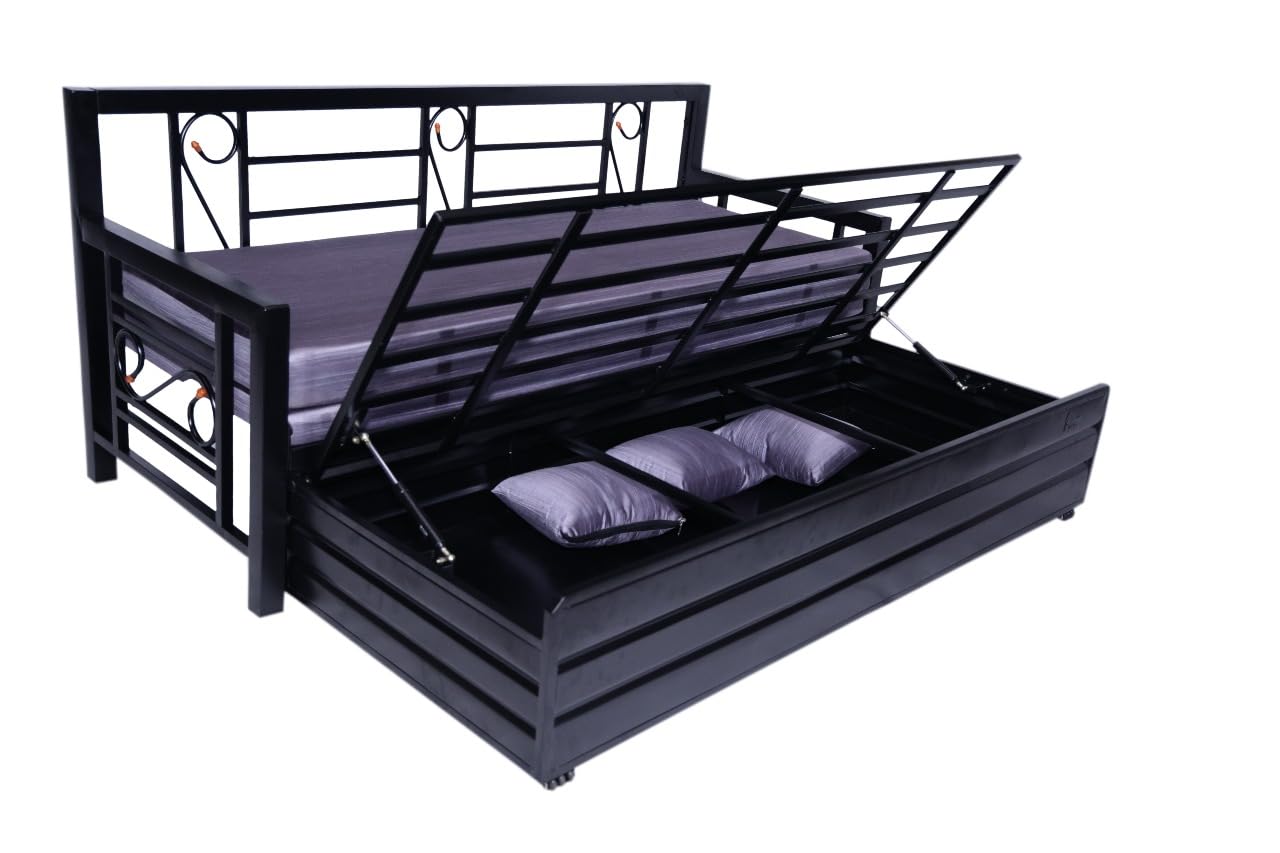 King Size Metal Sofa Cum Bed | Convertible 3-Seater with Foldable Design & Cushion Mattress | Matte Black Frame, Grey Fabric | Durable & Space-Saving (75x72 Inch) - Image 7