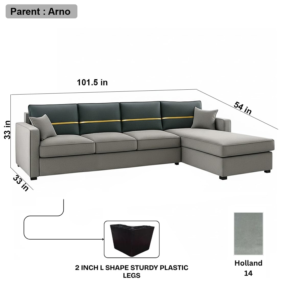 FURNY Arnoy 5 Seater Fabric RHS L Shape Sofa Set (Light Grey-Dark Grey) with Velvet Finish | Durable & Comfortable | Ideal for Living Room - Image 3
