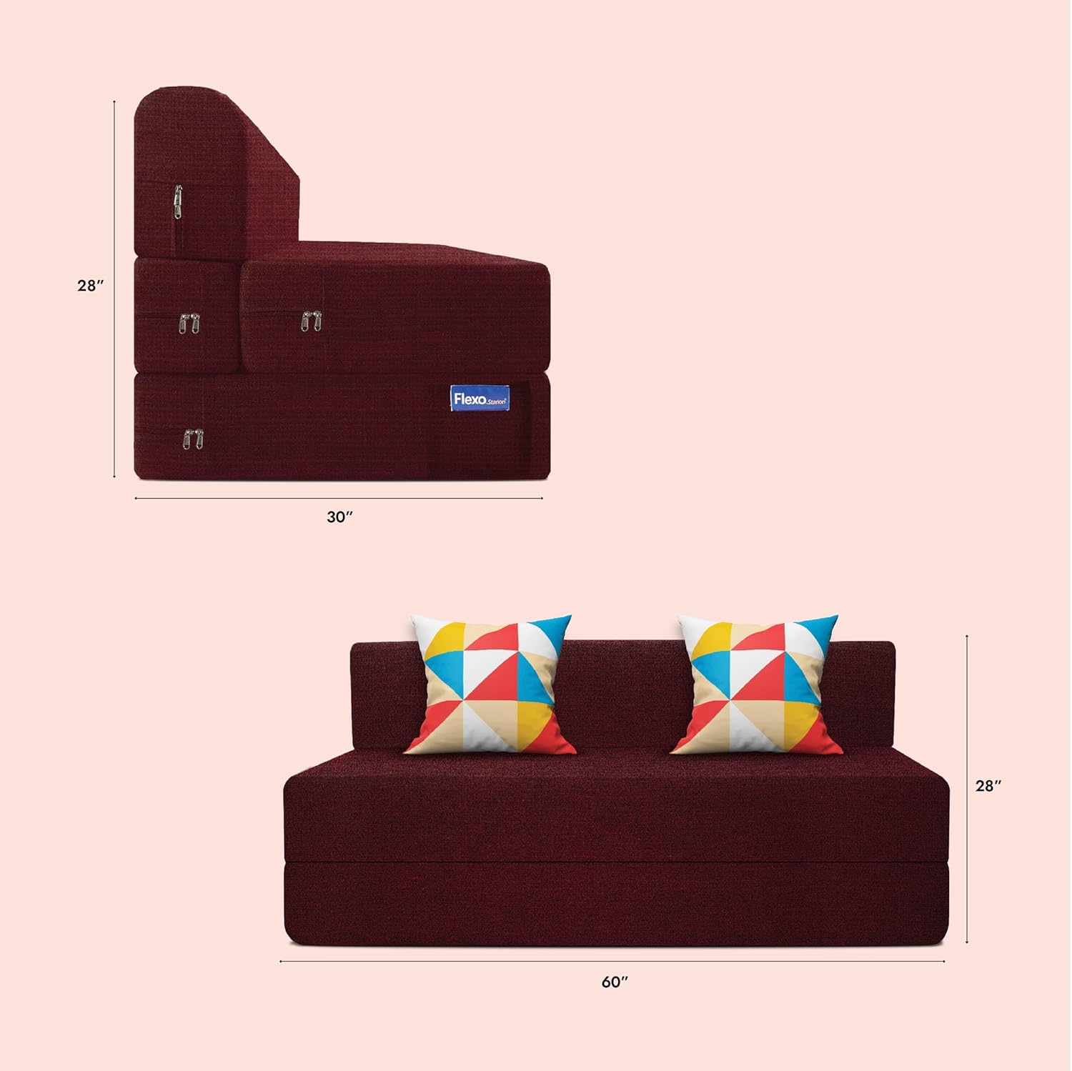 Starlon 3 Seater Sofa Cum Bed | Maroon with 2 Geometrical Pillows | Jute Fabric Washable Cover | 5' X 6' Feet - Image 3