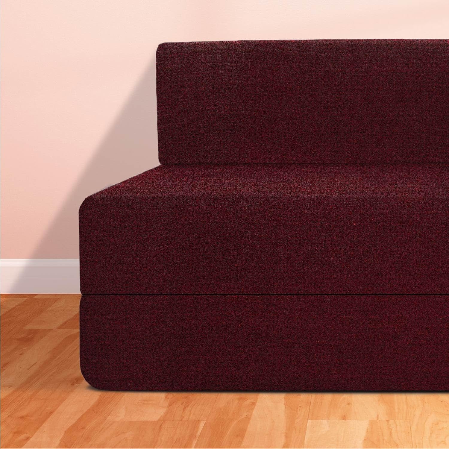 Starlon 3 Seater Sofa Cum Bed | Maroon with 2 Geometrical Pillows | Jute Fabric Washable Cover | 5' X 6' Feet - Image 4