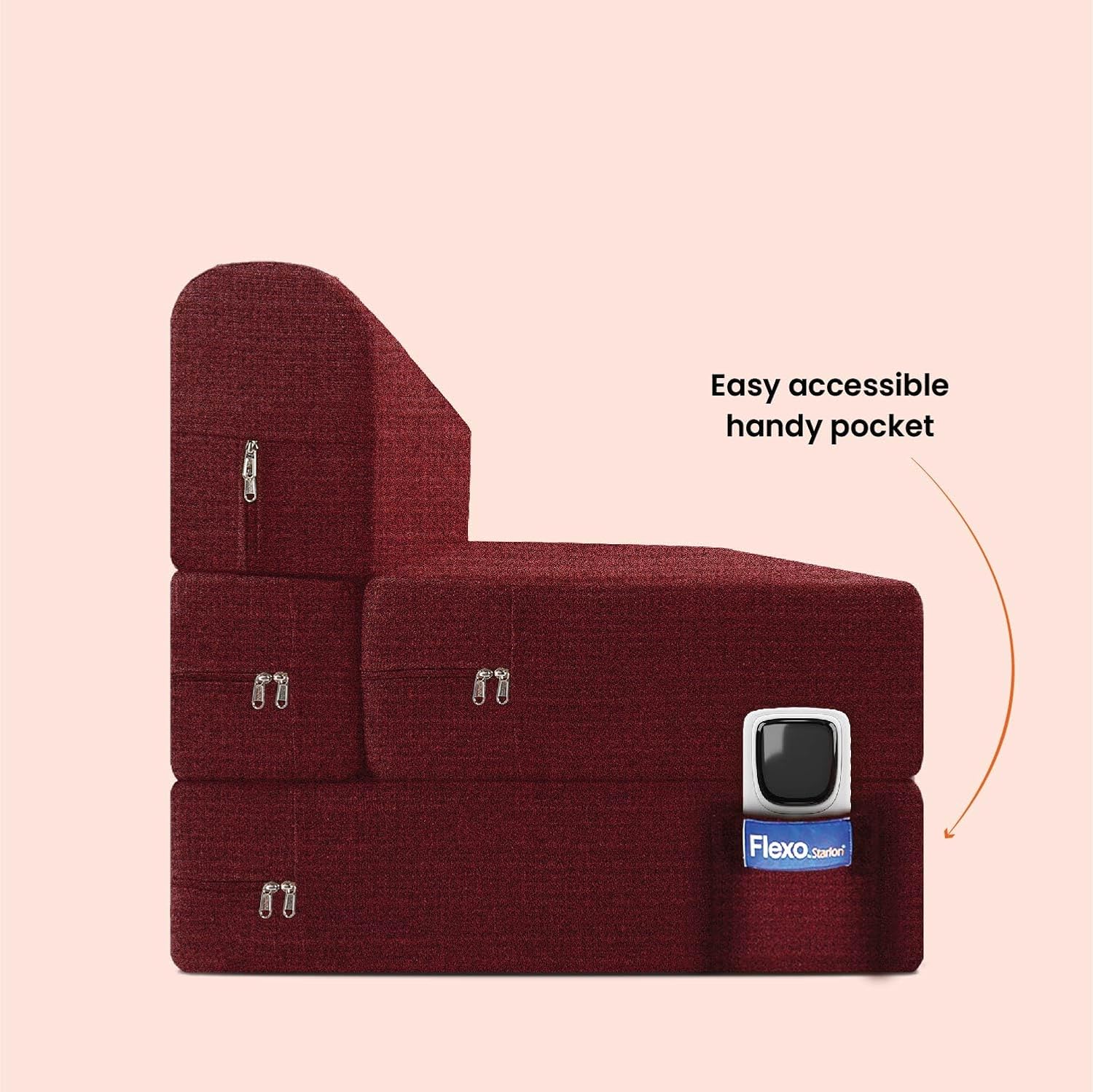 Starlon 3 Seater Sofa Cum Bed | Maroon with 2 Geometrical Pillows | Jute Fabric Washable Cover | 5' X 6' Feet - Image 5