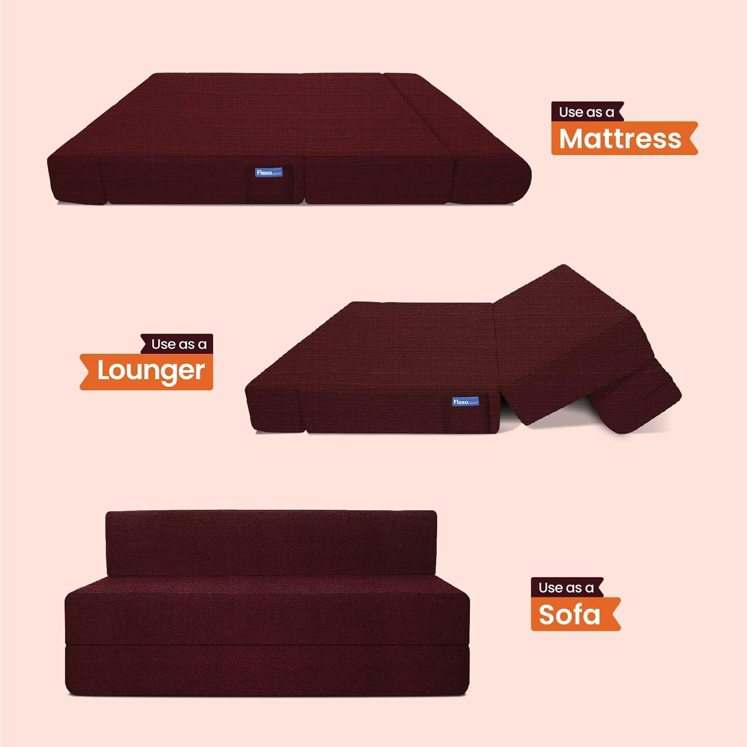 Starlon 3 Seater Sofa Cum Bed | Maroon with 2 Geometrical Pillows | Jute Fabric Washable Cover | 5' X 6' Feet - Image 7