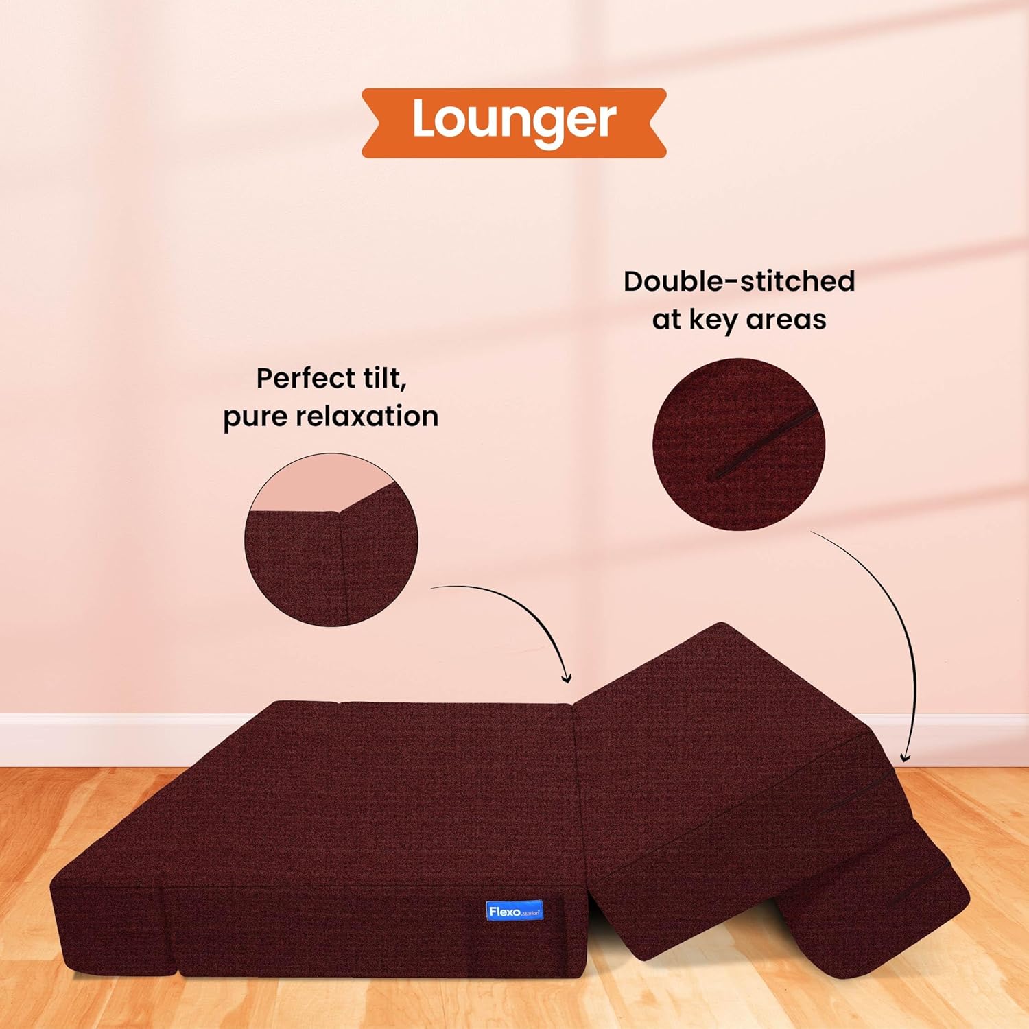 Starlon 3 Seater Sofa Cum Bed | Maroon with 2 Geometrical Pillows | Jute Fabric Washable Cover | 5' X 6' Feet - Image 8