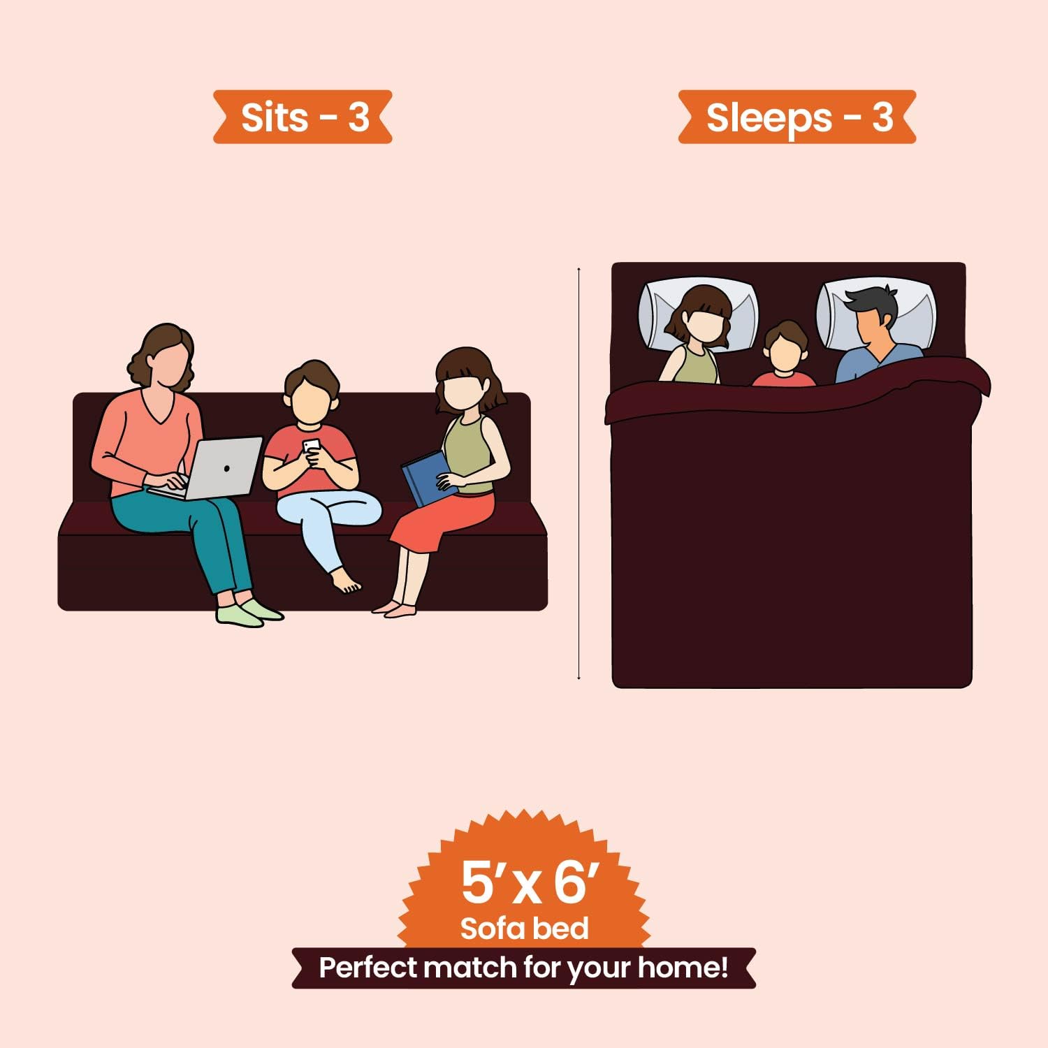 Starlon 3 Seater Sofa Cum Bed | Maroon with 2 Geometrical Pillows | Jute Fabric Washable Cover | 5' X 6' Feet - Image 10