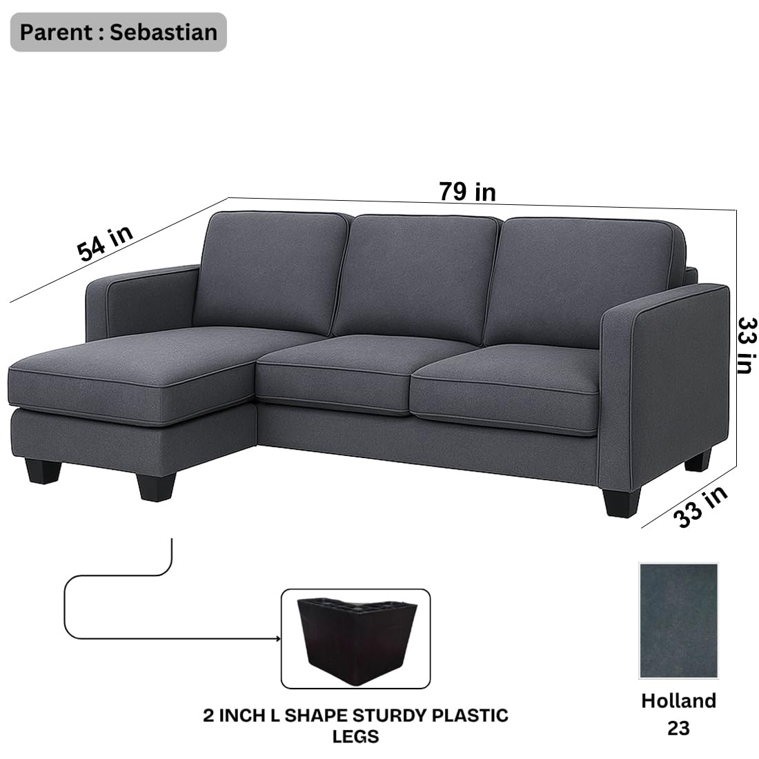 FURNY Arlo 4 Seater Fabric LHS L Shape Sofa Set (Dark Grey) | Premium Velvet Finish | Ideal of Living Room - Image 3