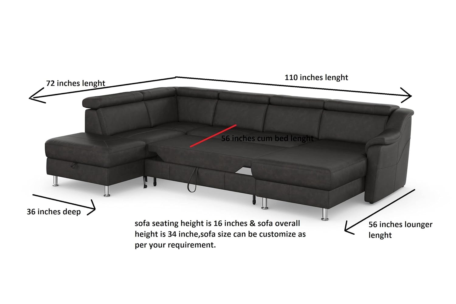 Fabrique nova 7 Seater Ushape Sofa Cum Bed Leatherette Sofa matt Black(LHS) - Image 8