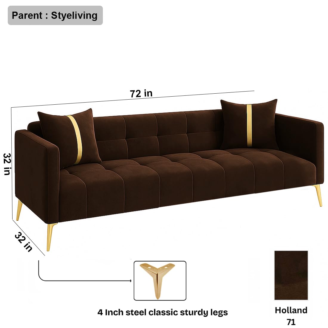 FURNY Styliving 3 Seater Velvet Fabric Sofa Set (Brown) with Golden Finish Legs | Durable & Comfortable | Ideal for Living Room - Image 3