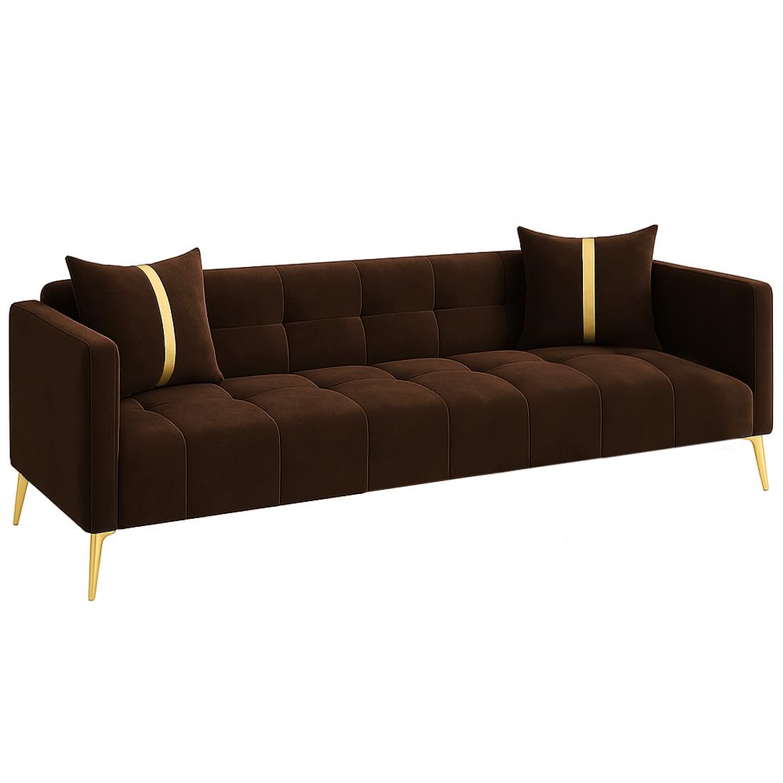 FURNY Styliving 3 Seater Velvet Fabric Sofa Set (Brown) with Golden Finish Legs | Durable & Comfortable | Ideal for Living Room - Image 4