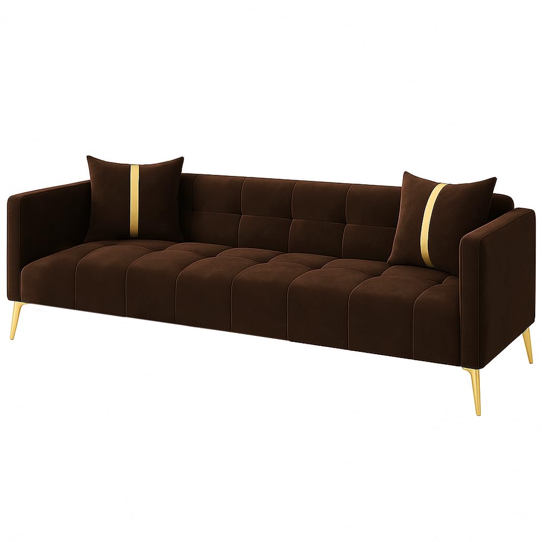 FURNY Styliving 3 Seater Velvet Fabric Sofa Set (Brown) with Golden Finish Legs | Durable & Comfortable | Ideal for Living Room - Image 5