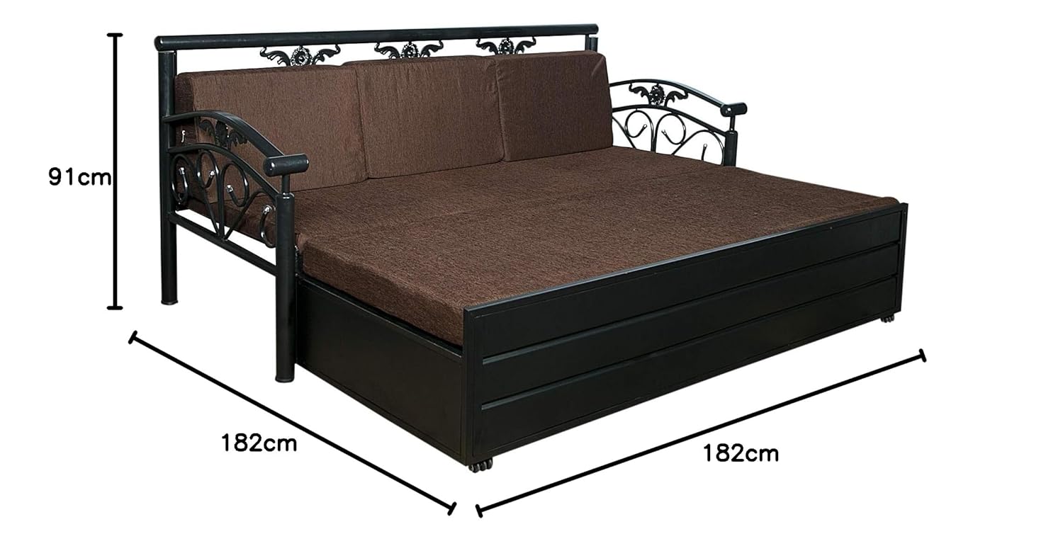 Dream Time King Size Metal Sofa Cum Bed with Hydraulic Storage | 3 Seater | 6X6| Brown Fabric, Matte Black Finish - Image 3