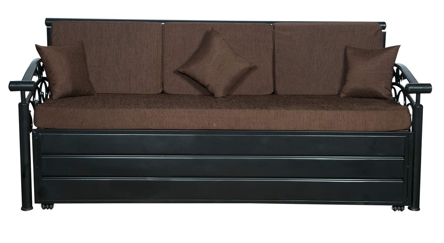 Dream Time King Size Metal Sofa Cum Bed with Hydraulic Storage | 3 Seater | 6X6| Brown Fabric, Matte Black Finish - Image 4