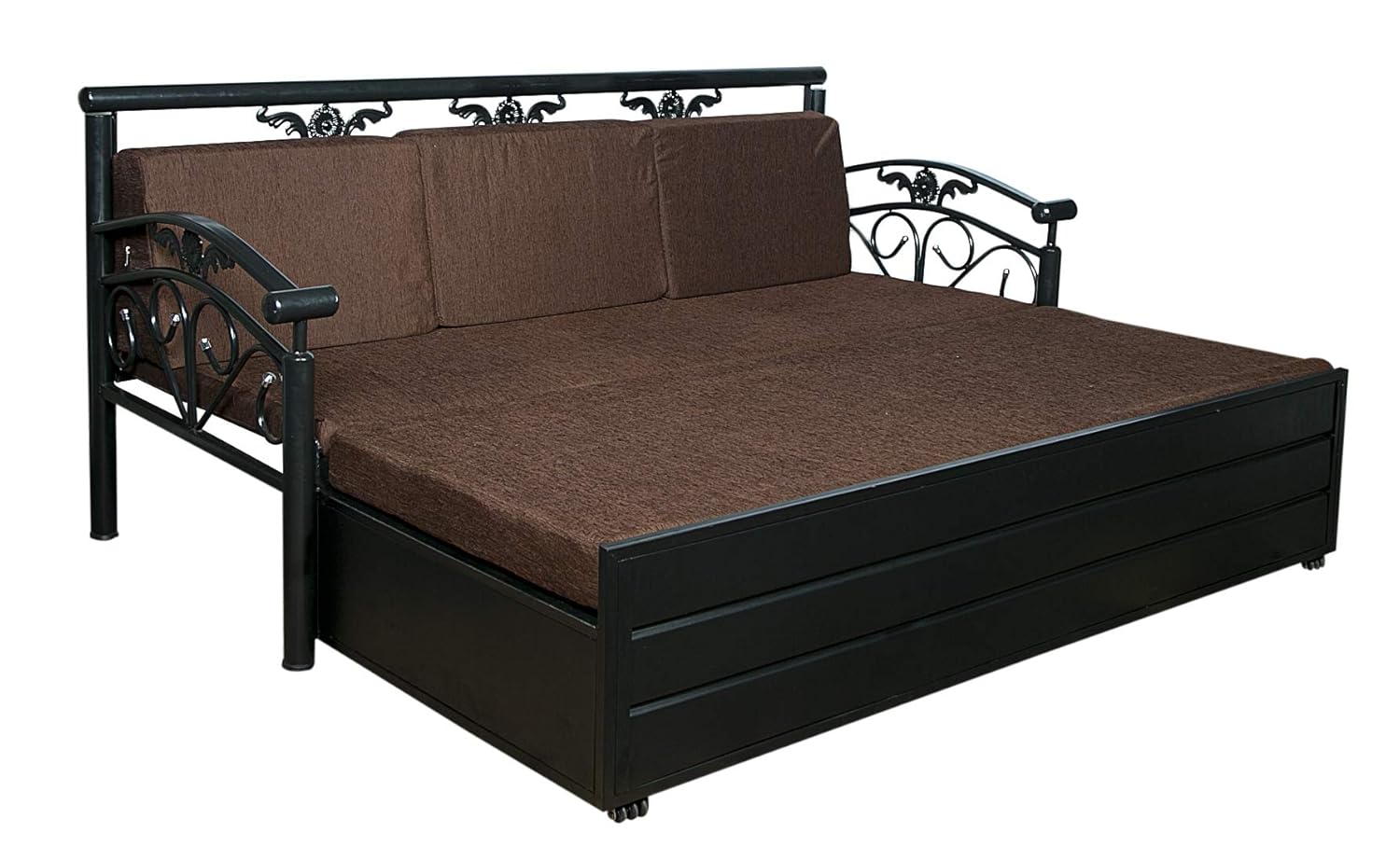 Dream Time King Size Metal Sofa Cum Bed with Hydraulic Storage | 3 Seater | 6X6| Brown Fabric, Matte Black Finish - Image 6