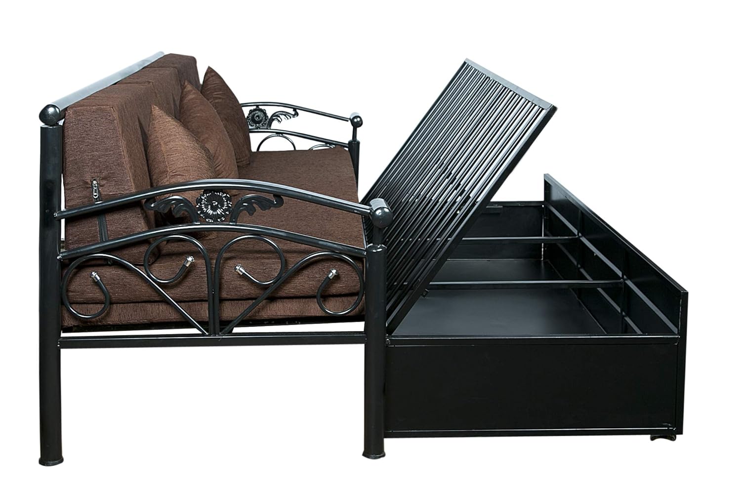 Dream Time King Size Metal Sofa Cum Bed with Hydraulic Storage | 3 Seater | 6X6| Brown Fabric, Matte Black Finish - Image 7